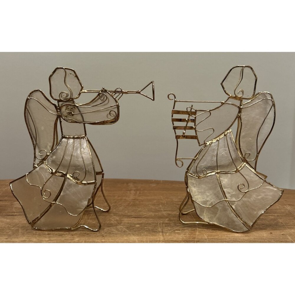 2 Capiz Shell Gold Wire Angels Instruments Ornaments Vintage Phillipines